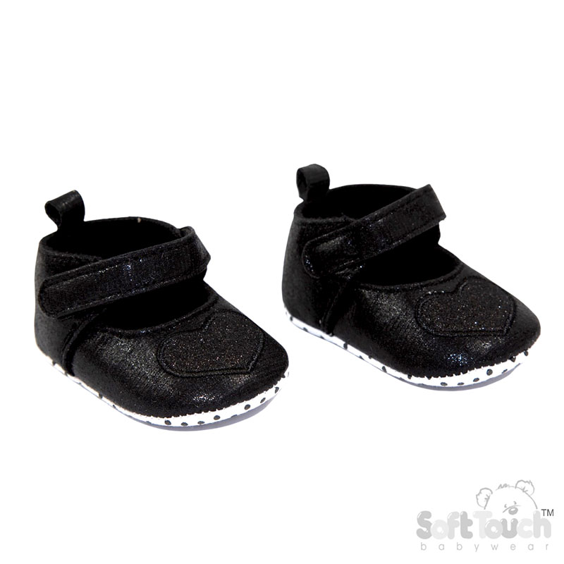 Shiny Black Shoes w/Glitter Heart No. B2282-BLK