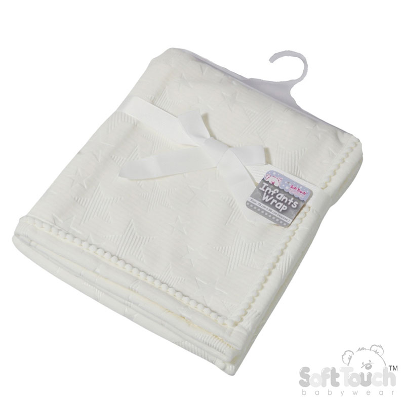 White Star Embossed Mink Wrap w/Pom Pom Trim No. FBP230-W
