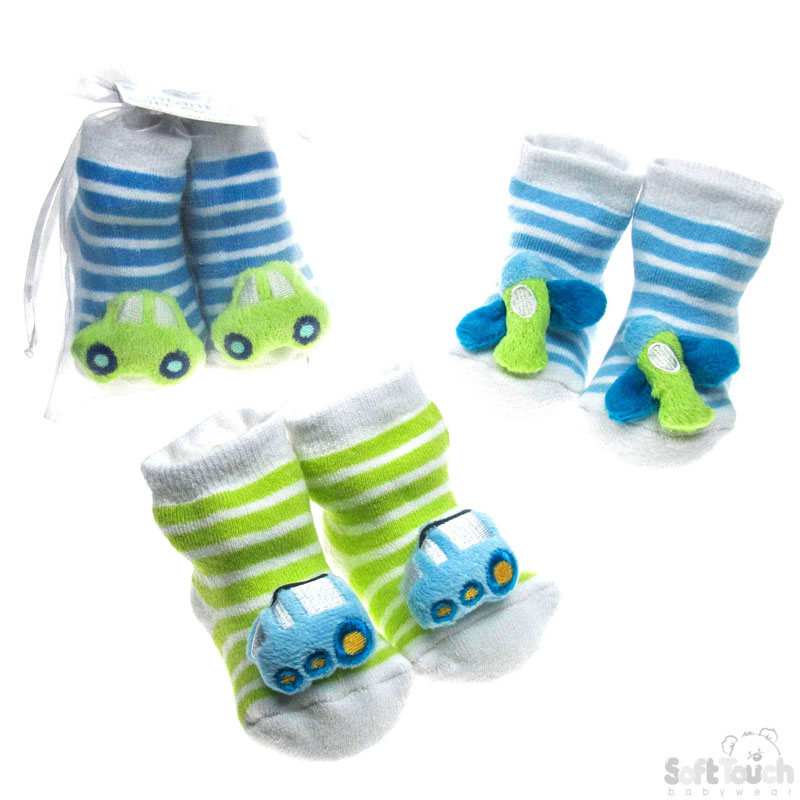 Boys Printed Rattle Gift Socks w/Vehicle Applique: GS104