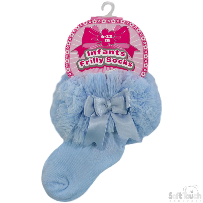 Blue Medium Plain Frilly Socks W/Lace & Bow GS116-B