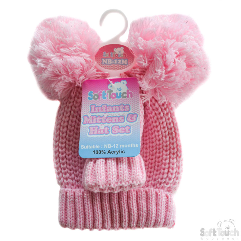 Pink/Blue 2 Pom Pom Hat & Mitten Set No. H492-PB-SM