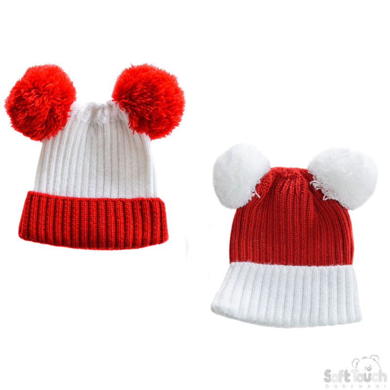 Small Double Colour Cable Knit Hat w/Fluffy Pom-Pom: H496