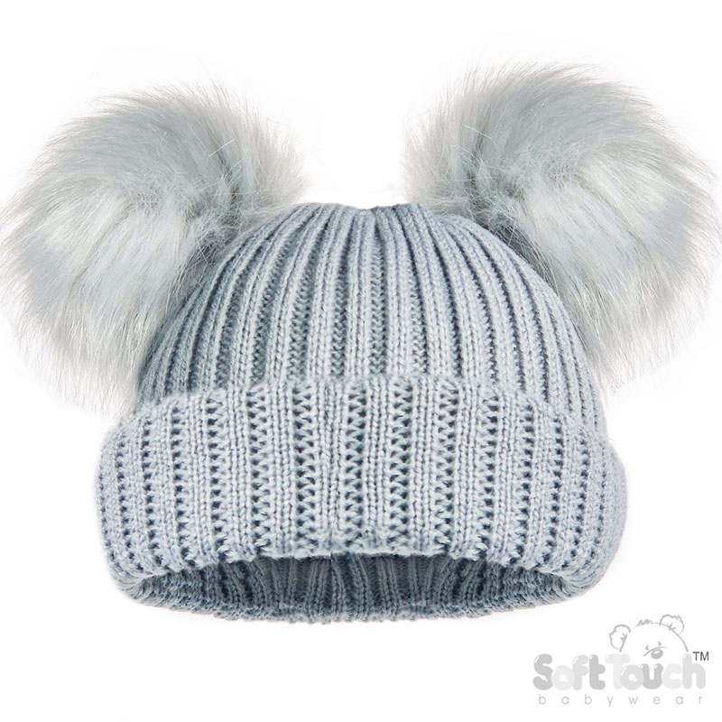 Small Grey Ribbed Hat W/2 Fur Pom Poms No. H506-G