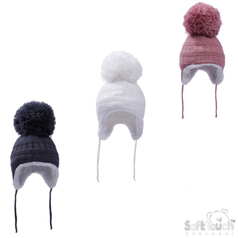 White, Steel Bue, Dusty Pink Knitted Hat w/Pom Pom, String & Sherpa Lining : No. H644-SM