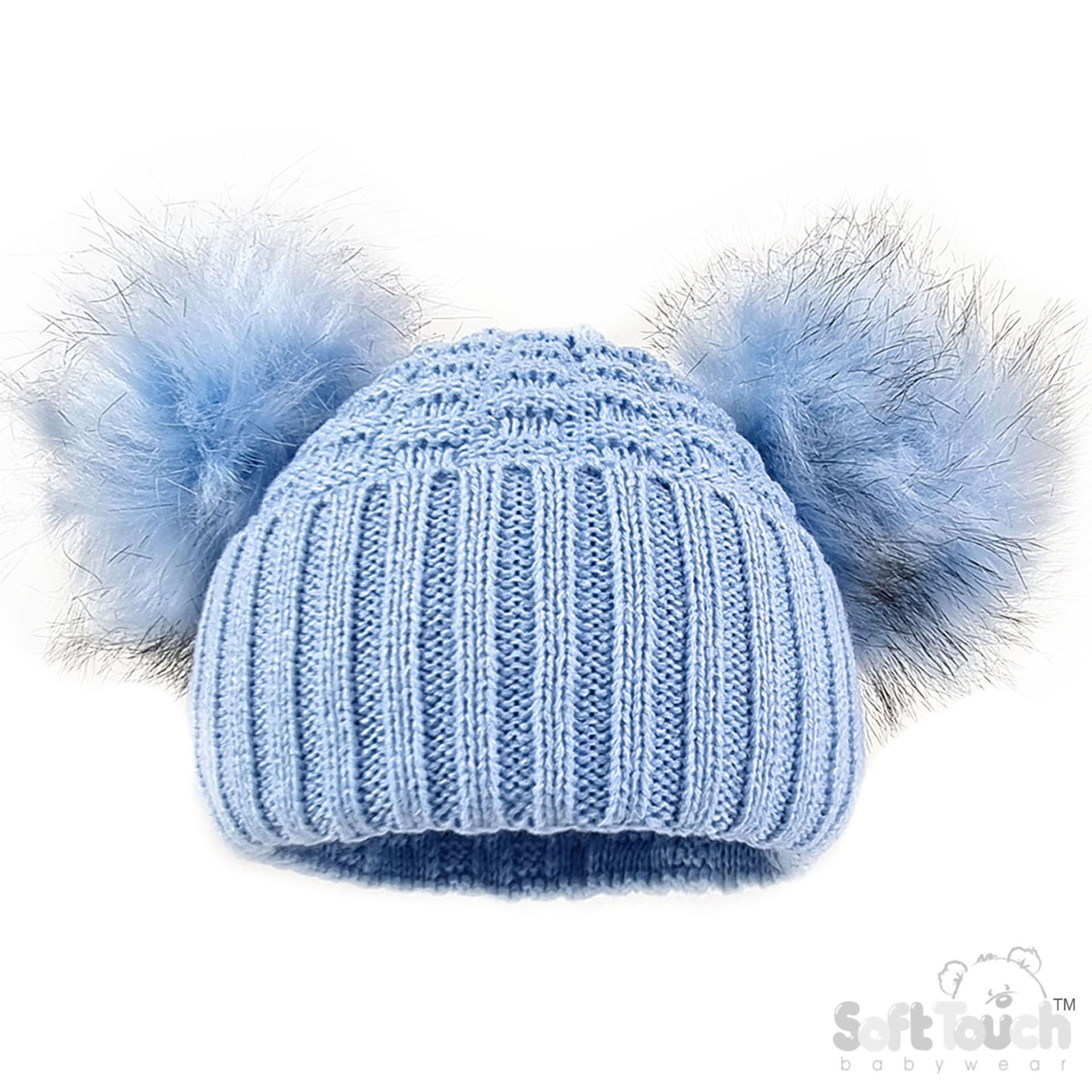Deluxe Baby Blue Checked/Striped Hat w/Pom Poms No. H672-BB