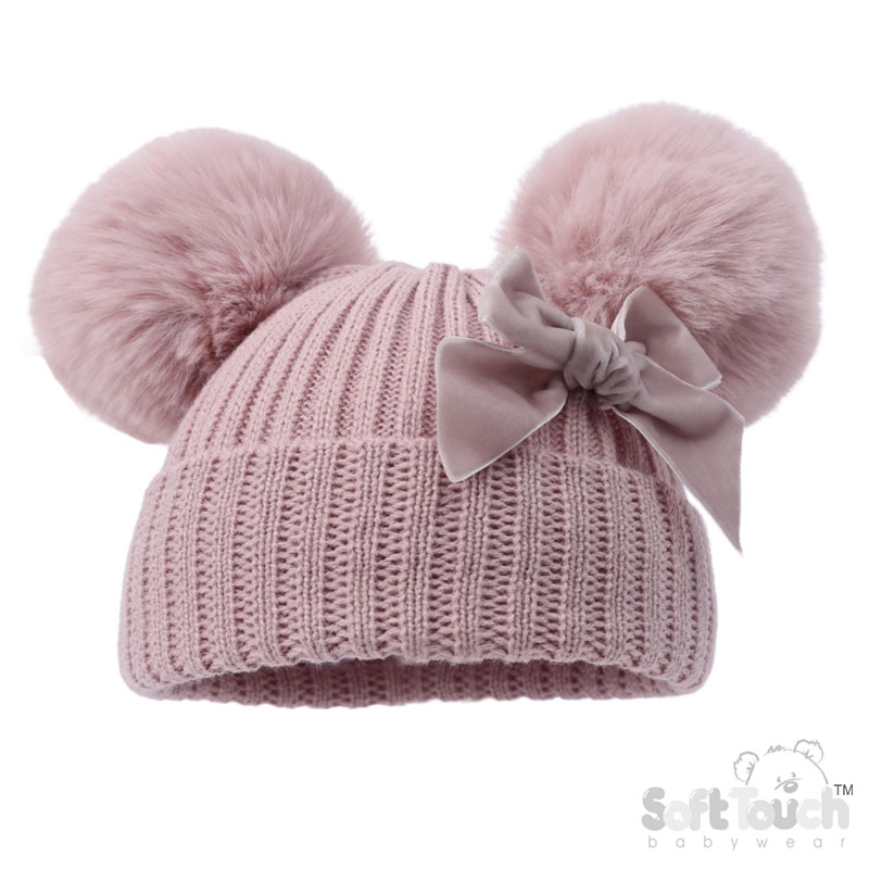 Dusty Pink Ribbed Hat w/Velvet Bow & 2 Pom Poms No. H678-DP