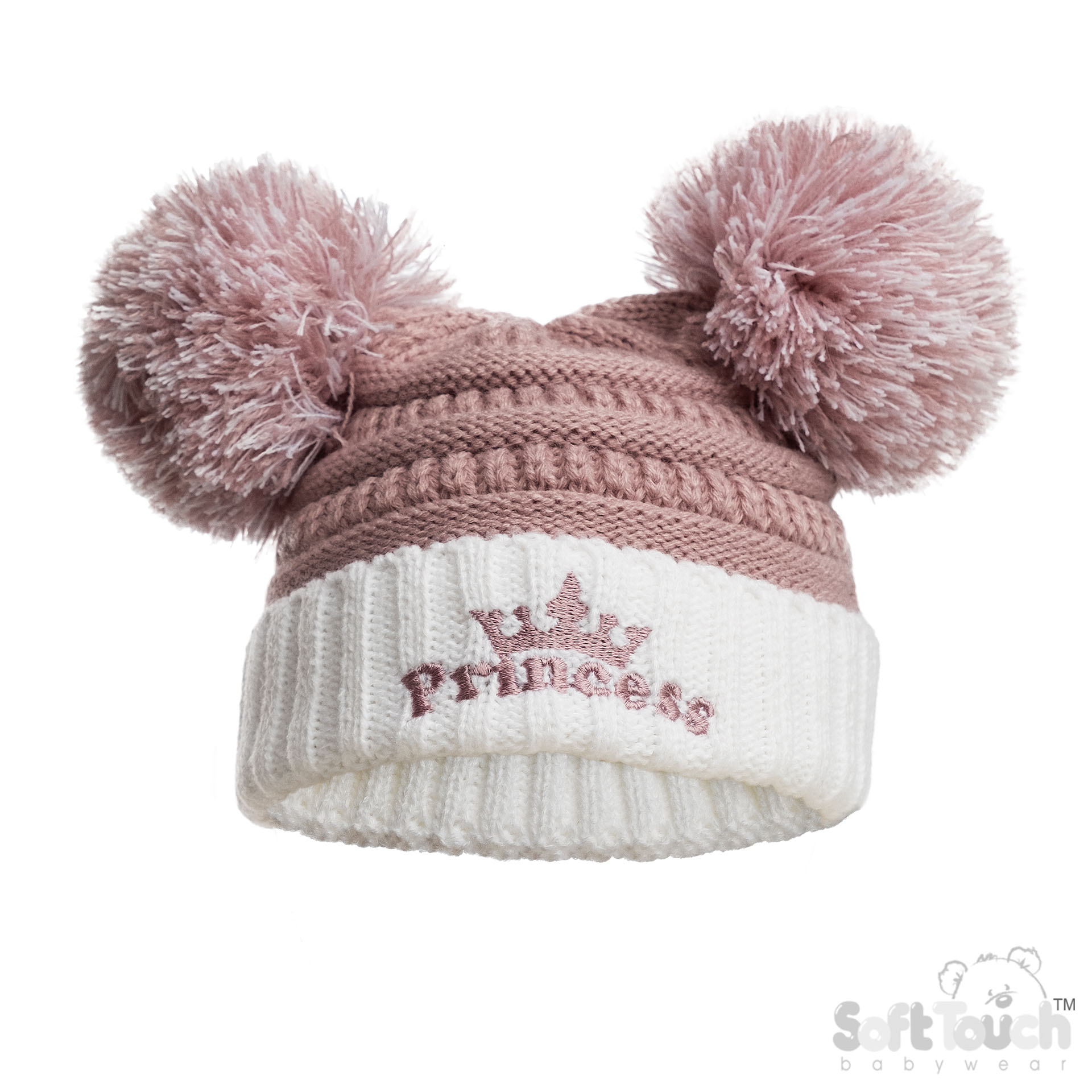 Dusty Pink Infants (NB-12m) Acrylic Cable Knit 'Princess' Hat w/Pom Poms : H686-DP