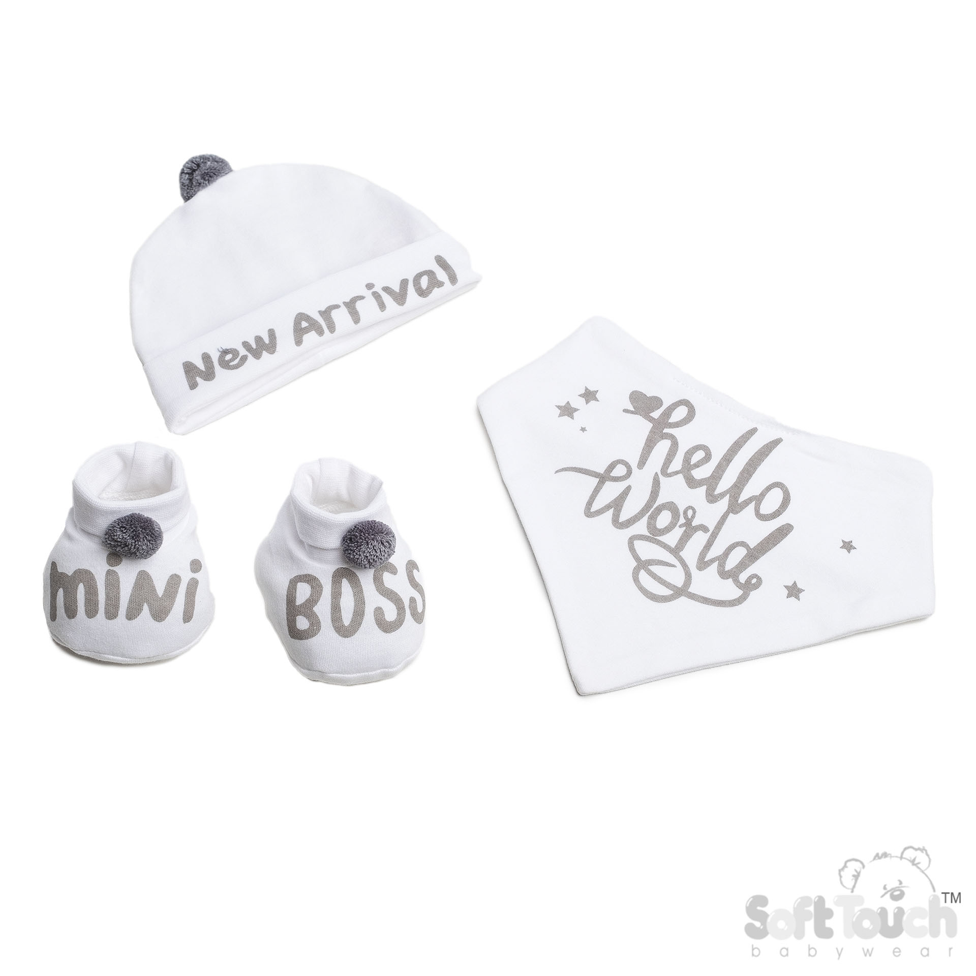 White Bib, Hat & Bootee Set W/Pom Pom No. HBB254-W