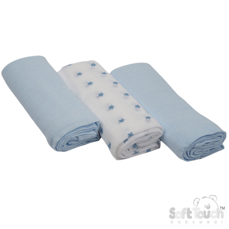 3 Pack Blue Deluxe Super Soft Muslin Squares No. MS13-B