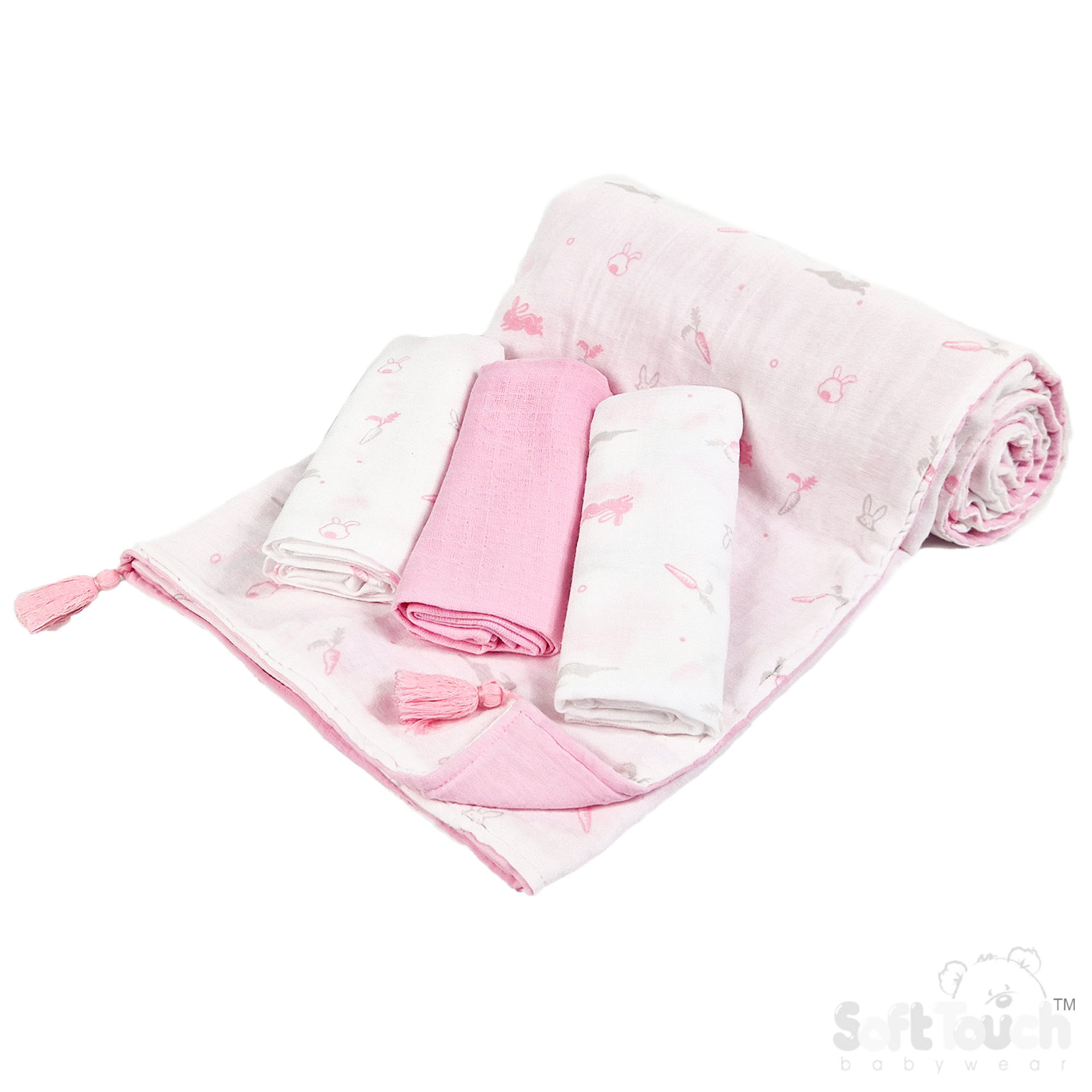 Pink Printed Muslin Wrap & 3 Pack Muslin Square Set No. MS501-P