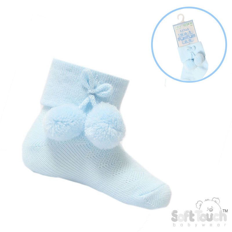 Blue Ankle Pom Pom Socks No.S10-B-12-24m