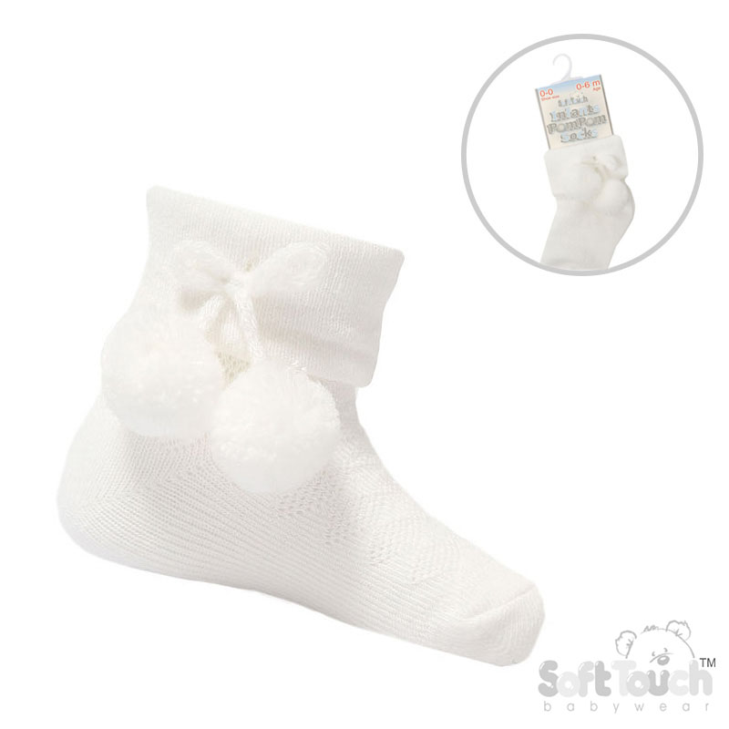 White Ankle Pom Pom Socks No. S10-W-0-6m
