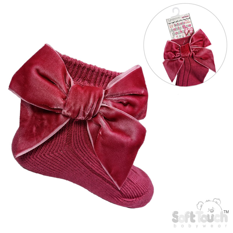 Dusty Pink Ribbed Ankle Socks w/Large Velvet Bow : S126-DP