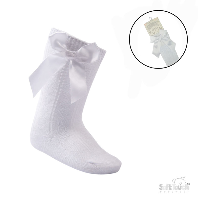 White 'Adorable' Knee Length Socks w/Satin Bow : S141-W