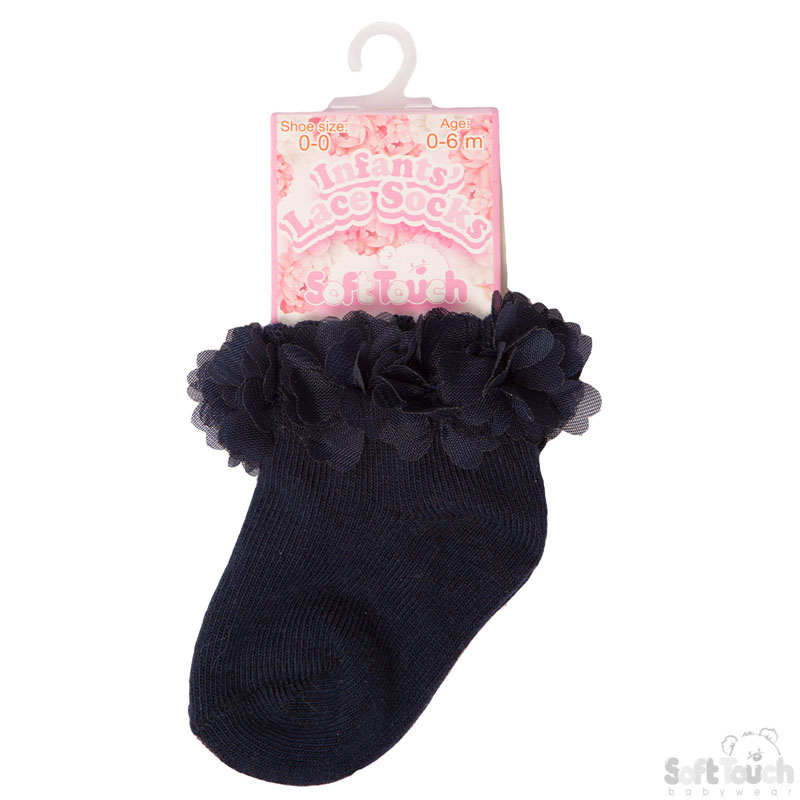 Navy Ankle Socks W/Navy Flowers No. S320-N