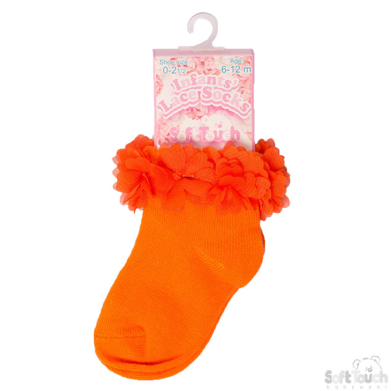 Orange Ankle Socks W/Orange Flowers No. S320-O