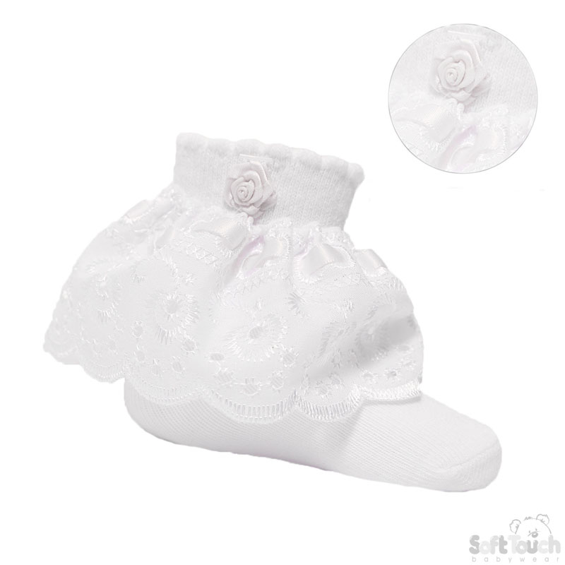 White Ankle Socks W/White Lace & Rose S322-W