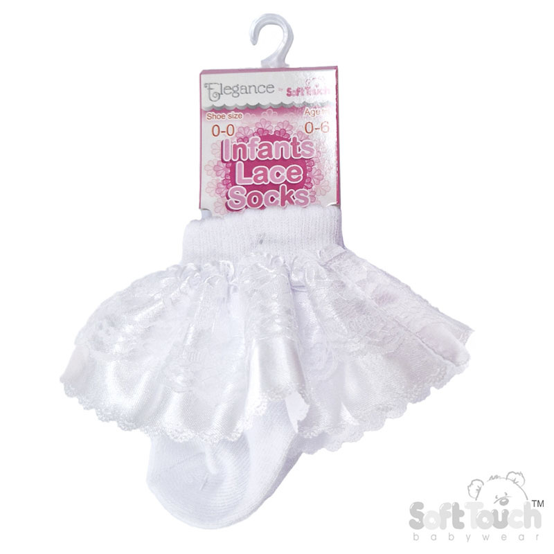 White Ankle Socks w/Organza Lace : S340-W