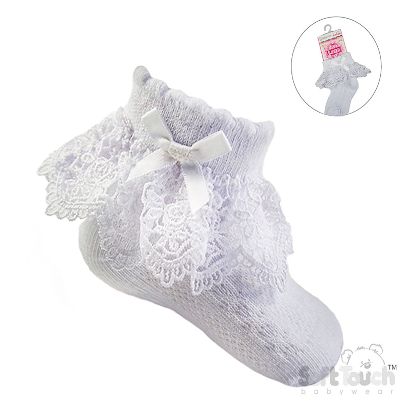 White Ankle Socks w/Rose Lace & White or Pink Bow : S342