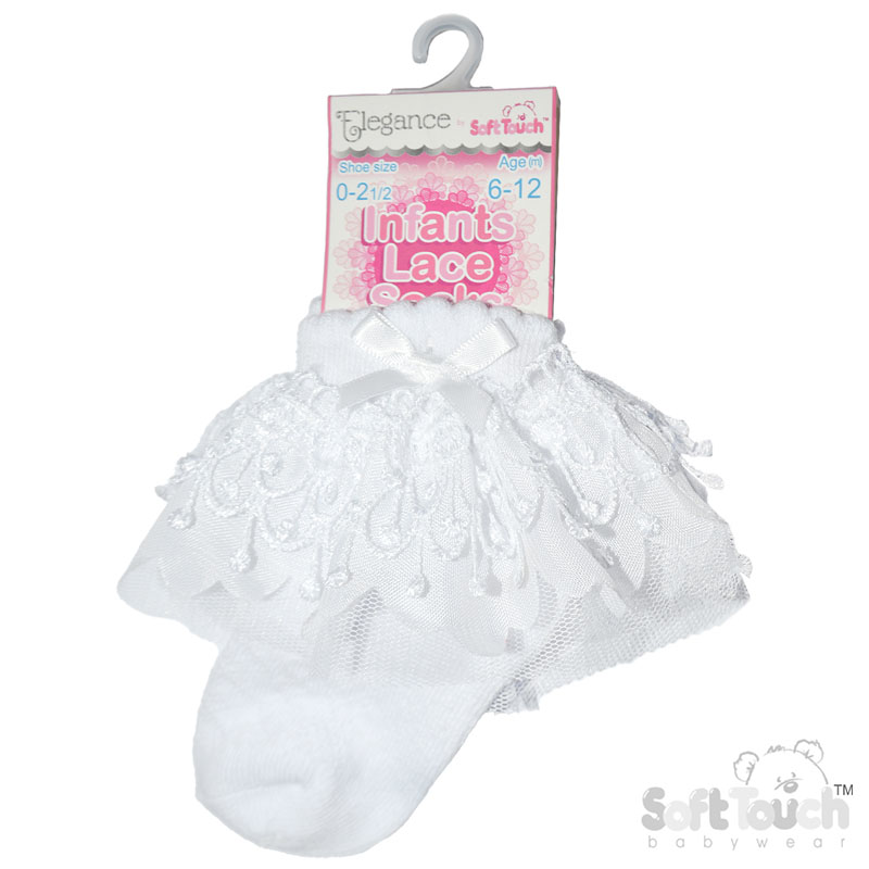 White Ankle Socks w/Bell Lace & Bow : S344-W