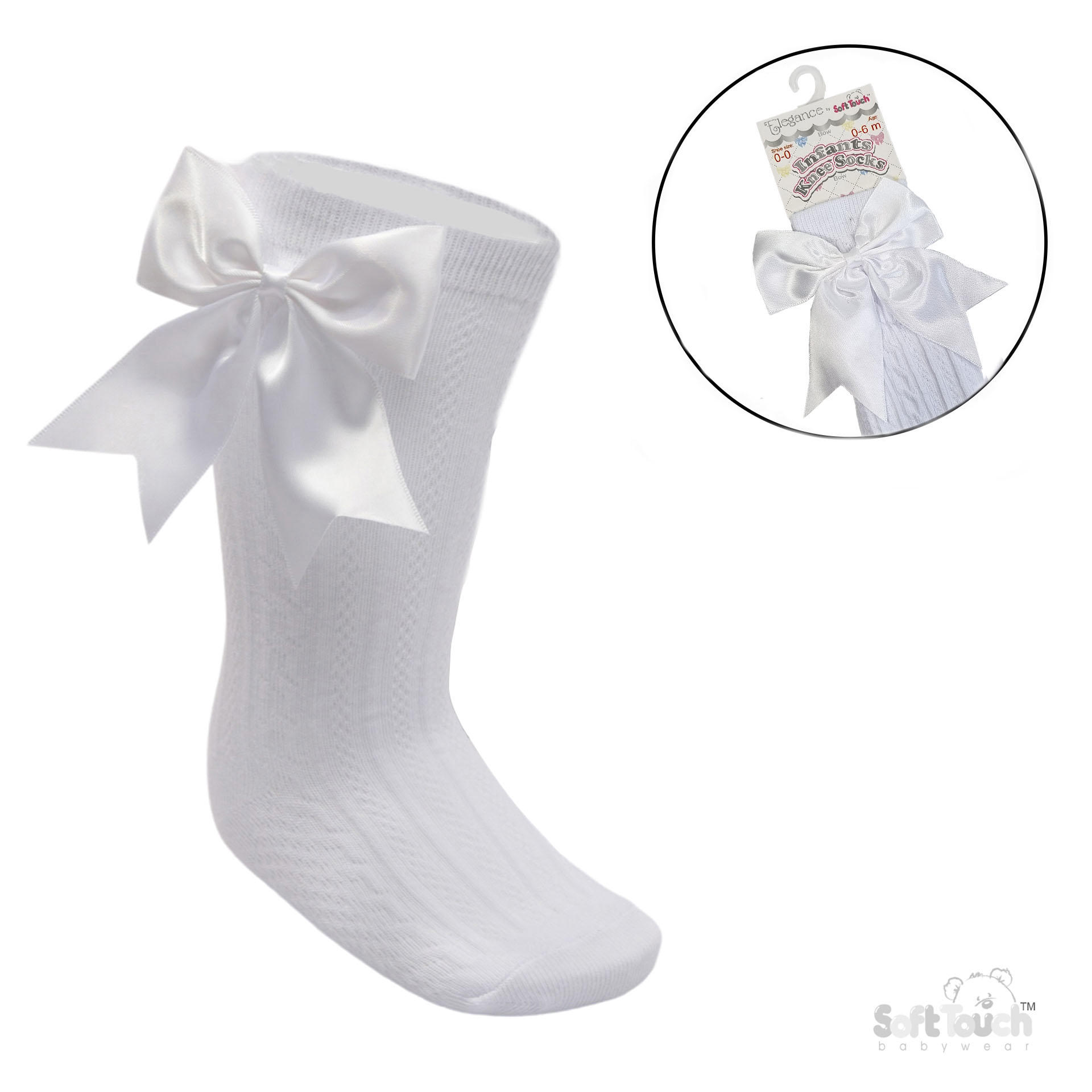 White 'Elegance' Knee Length Socks w/Satin Bow : S350-W -0-6