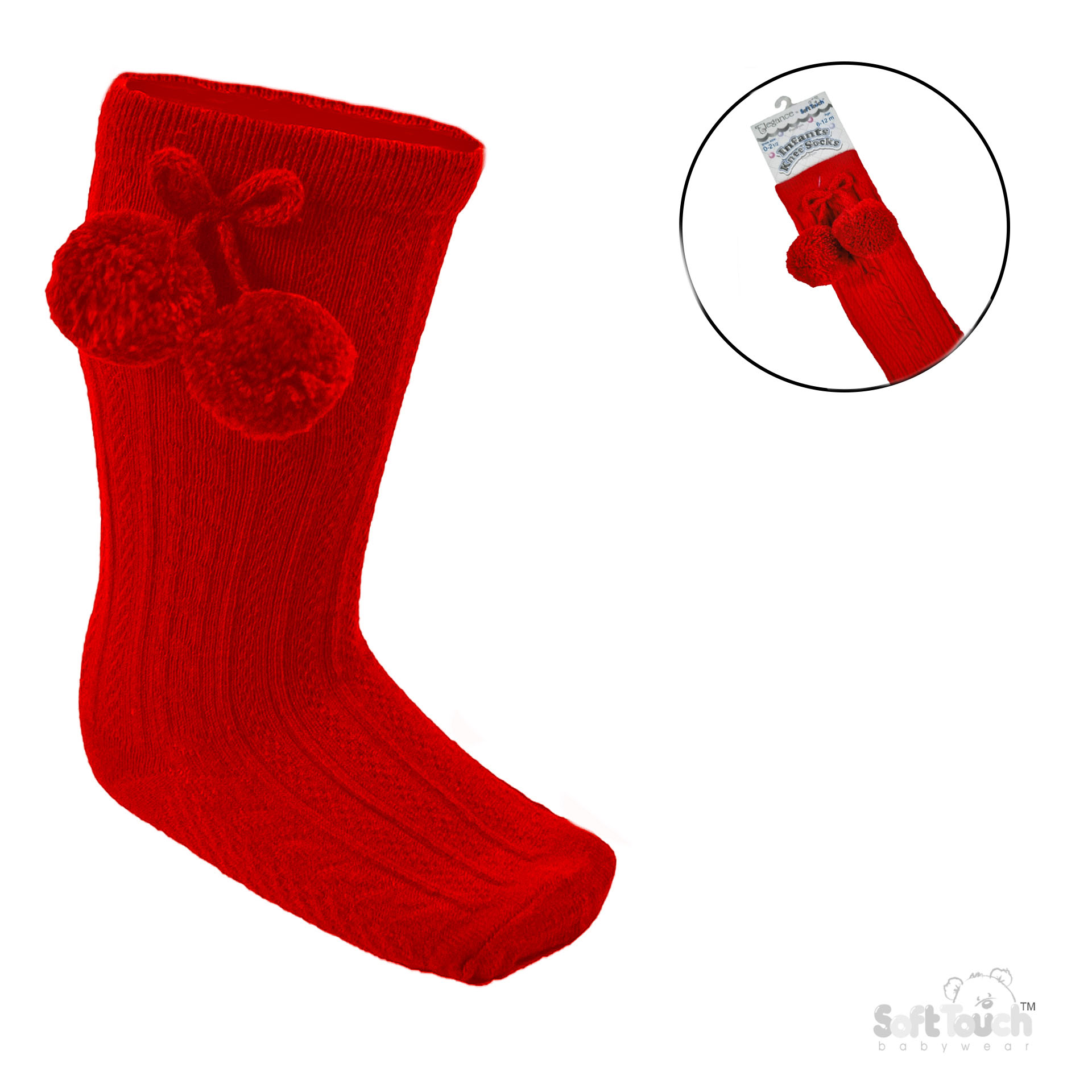 Red 'Elegance' Knee Length Socks w/Pom Pom : S355-R