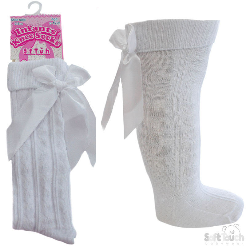 White Ribbed Knee Length Socks W/Bow No. S41-W