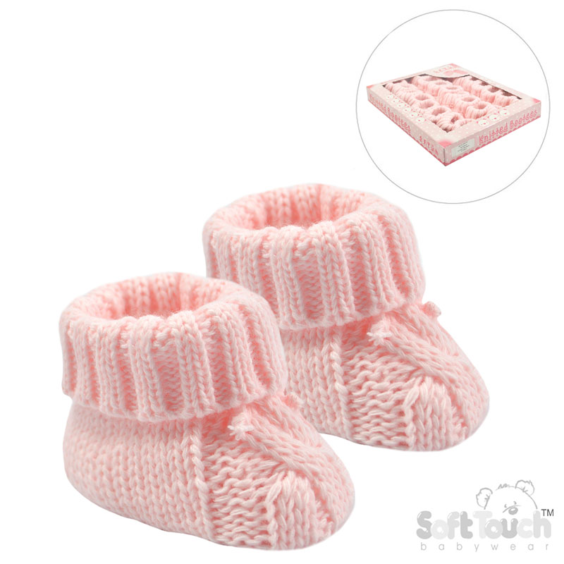 Pink Cable Knit Acrylic Bootees w/Turnover & Bow : S415-P