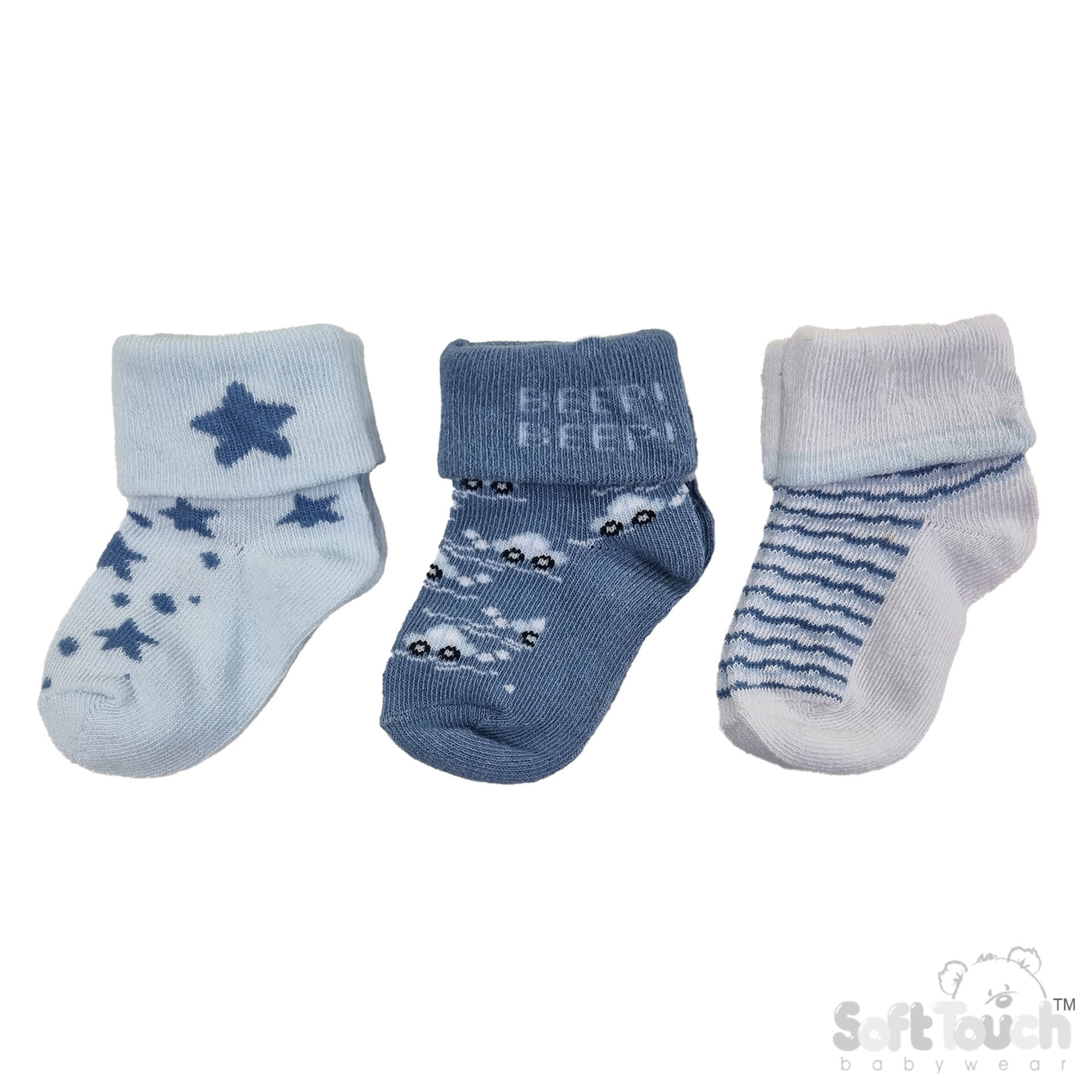 3 Pack Blue Turnover Socks : S506-B-NB-3