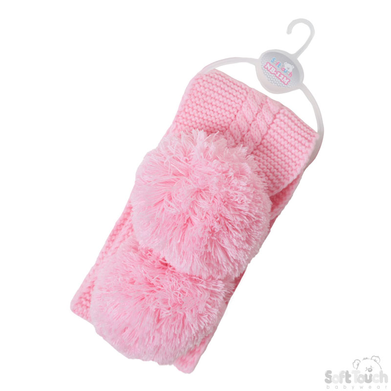 Pink Plain/Striped Scarf W/Pom Pom No. SC02-P-SM
